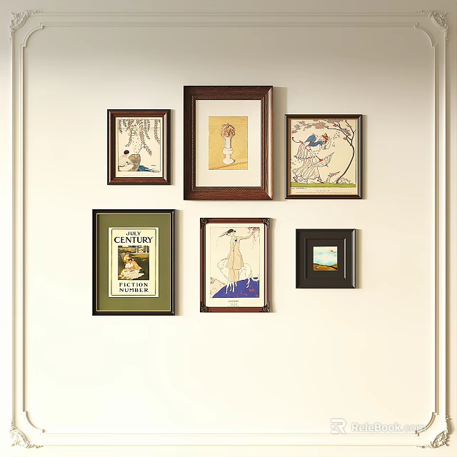Various Oil Paintings Collection Hanging on White Wall with Different Frames 3d model