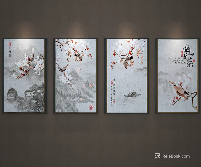 Chinese Ink Plant Paintings With Magnolia Plum Blossoms Birds And Landscape Elements 3d model 
