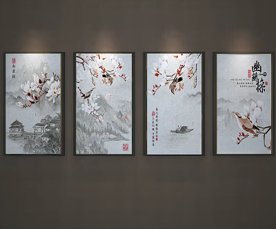 Chinese Ink Plant Paintings With Magnolia Plum Blossoms Birds And Landscape Elements 3d model
