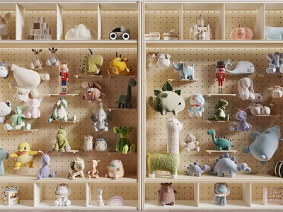 Various Stuffed Animal Plush Toys Collection on Wooden Shelves 3d model