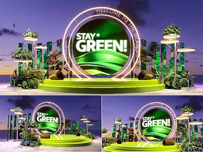 Green Themed Stage With Stay Green Sign And Plant Decorations At Night 3d model