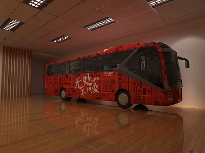 Showcase Featuring Red Bus With Chinese Characters Design In Indoor Wooden Floor And Ceiling Lighting 3d model