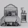 Kids Bed with White Curved Headboard Soft Pillows Bird Print Cushion and White Nightstand