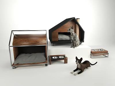 Modern Pet Living Supplies With Wooden Transparent Pet Beds And Stylish Bowls For Cats 3d model