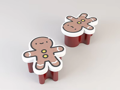 Cute Gingerbread Man Shaped Sofa Stools With Brown Body White Trim And Red Base 3d model