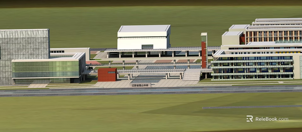 Modern School Buildings With Red Brick And Glass Curtain Walls Open Plaza And Green Lawn 3d model 