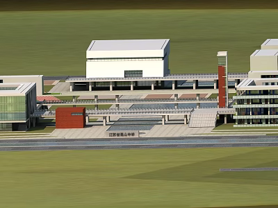Modern School Buildings With Red Brick And Glass Curtain Walls Open Plaza And Green Lawn 3d model