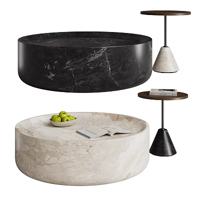 Black and Beige Marble Round Coffee Tables with Side Lamp Books and Fruit Bowl 3d model
