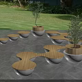 Contemporary Public Chairs Featuring Wooden Circular And Wavy Designs With Potted Plants On Gray Floor