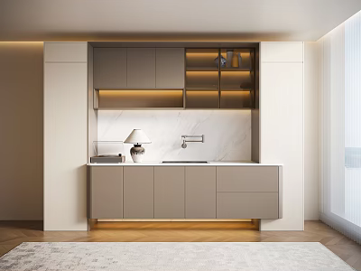 Modern Minimalist Gray Sideboard With Marble Countertop LED Lighting And Storage Cabinets 3d model