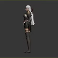 3D Female Character Model With Red White Hair Decorative Armor Black Shorts And Fishnet Stockings