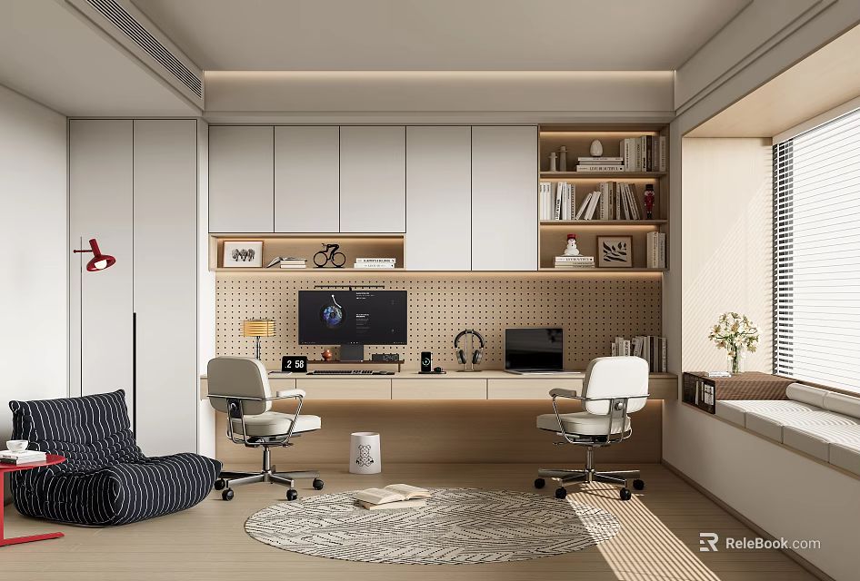 Modern Study Room Interior With Wooden Desk Office Chairs Bookshelves And Area Rug 3d model 