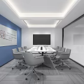 Modern Meeting Room Design With Blue Accent Wall White Long Table And Chairs