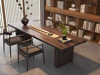 New Chinese Style Tea Room Tea Table Tea Tray Tea Table Bookcase Solid Wood Tea Table and Chair Combination 3d model