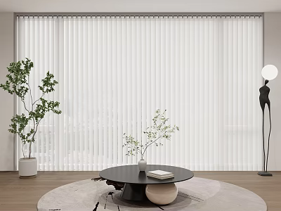 White Vertical Blinds In Modern Living Room Interior With Plants Coffee Table And Floor Lamp 3d model