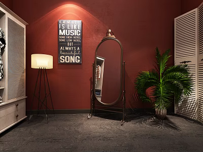 Modern Luxury Interior With Floor Mirror Red Wall Decorative Poster Floor Lamp And Green Plant 3d model