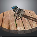 Rusty Chain Chainsaw With Blue Silver Parts On Weathered Wooden Platform