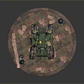 Green Military Model Tank with Street Lamps and Brick Decorations on Circular Base