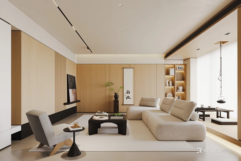 Modern Living Room Interior With Beige Sofa Black Coffee Table Wooden Walls And Bookshelves 3d model 
