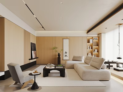 Modern Living Room Interior With Beige Sofa Black Coffee Table Wooden Walls And Bookshelves 3d model