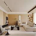 Modern Living Room Interior With Beige Sofa Black Coffee Table Wooden Walls And Bookshelves