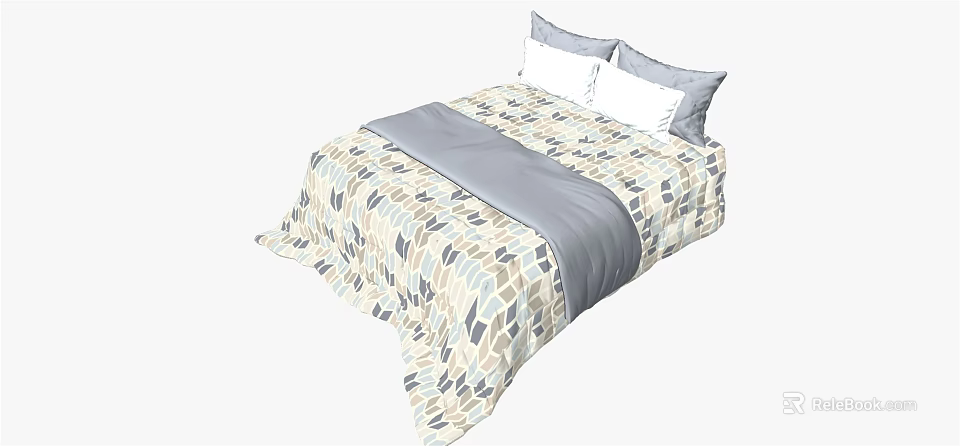 Kids Bed With Geometric Pattern Bedspread Gray Comforter And White Pillows 3d model