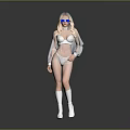 Stylish Woman With Blonde Hair Blue Sunglasses Transparent Coat Silver Bikini And Boots