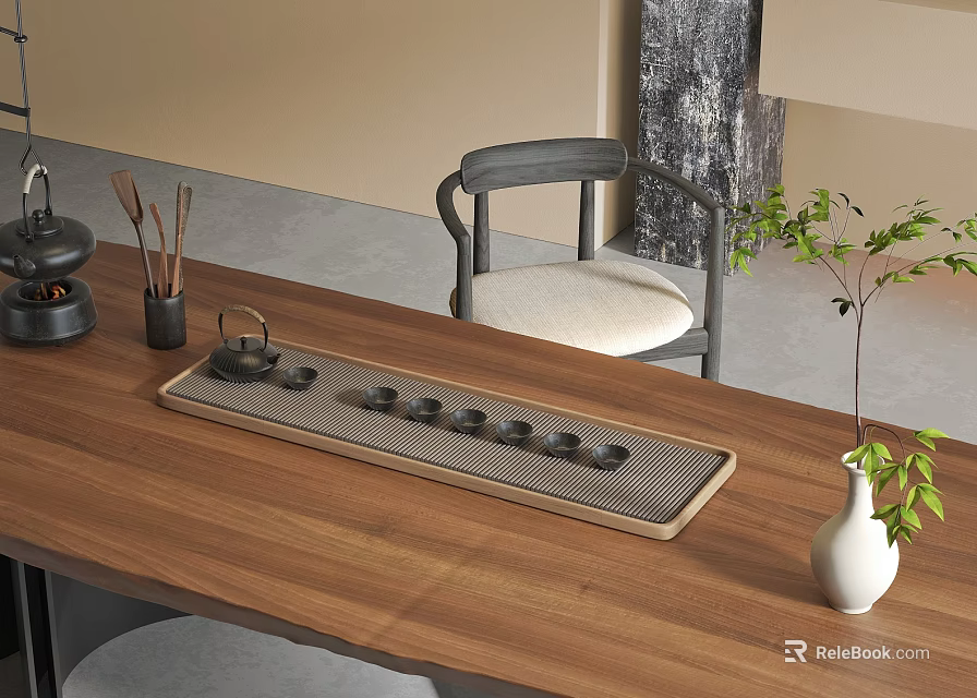 Elegant Tea Set On Wooden Table With Tray Cups Pot Chair Vase And Green Plant 3d model 