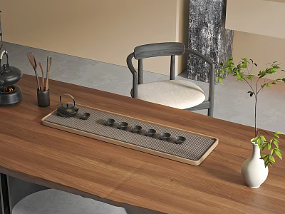 Elegant Tea Set On Wooden Table With Tray Cups Pot Chair Vase And Green Plant 3d model