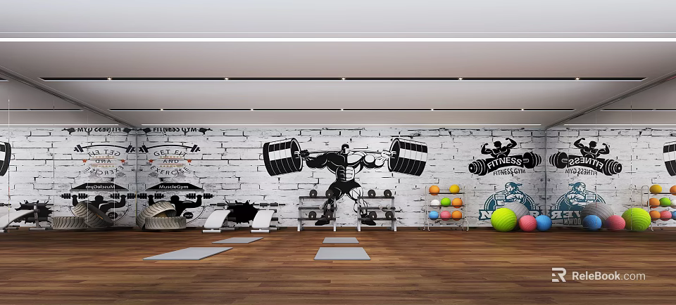 Contemporary Home Gym With White Brick Wall Mural Weightlifting Art Exercise Mats And Medicine Balls 3d model 