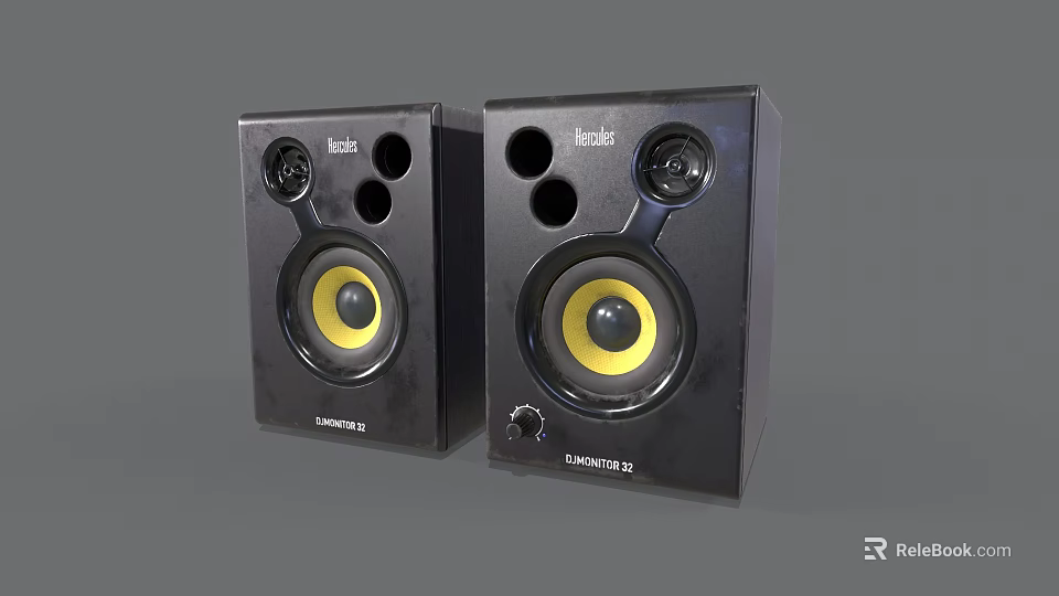 Nuance Black Studio Audio Speakers With Yellow Woofer For High Quality Sound 3d model 