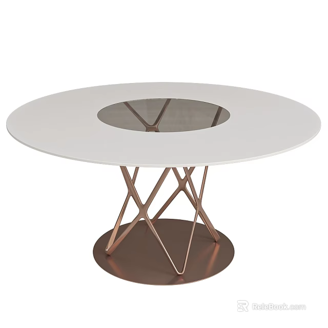 Round Coffee Table With White Tabletop Glass Inset And Rose Gold Cross Legs 3d model 