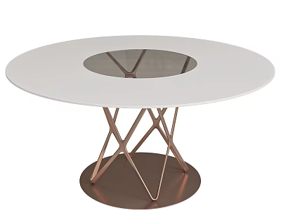 Round Coffee Table With White Tabletop Glass Inset And Rose Gold Cross Legs 3d model