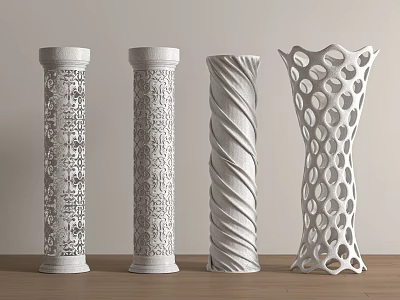 White Decorative Columns Featuring Carved Spiral and Hollow Patterns for Modern Interior Design 3d model