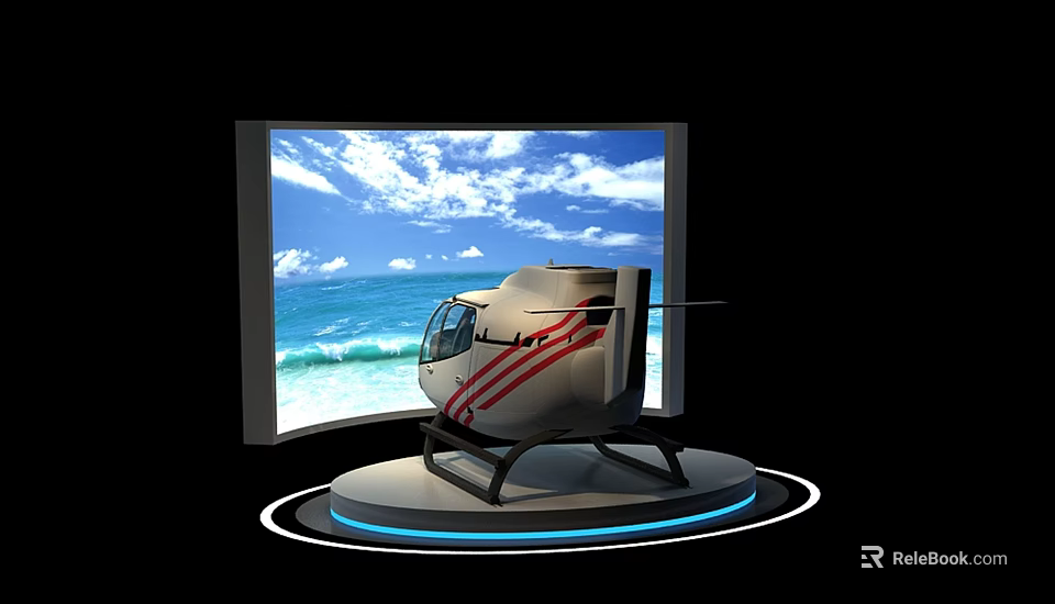 Helicopter On Exhibition Stand With Screen Showing Ocean View Blue Sky White Clouds Waves 3d model 