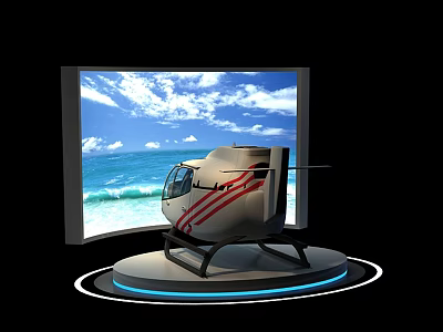 Helicopter On Exhibition Stand With Screen Showing Ocean View Blue Sky White Clouds Waves 3d model