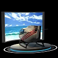 Helicopter On Exhibition Stand With Screen Showing Ocean View Blue Sky White Clouds Waves