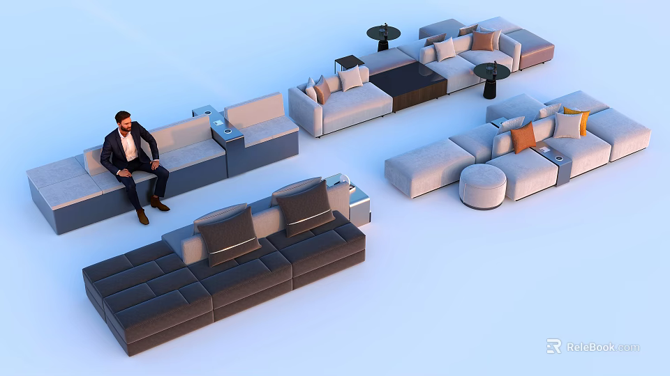 Comfortable Modern Casual Sofa Set With Multiple Configurations Soft Cushions And Side Tables 3d model 