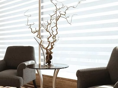 Gray Casual Sofa Set With Round Glass Coffee Table And Twig Decoration By Window Blinds 3d model