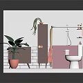 Bathroom Interior With Pink Walls And White Tiles Vanity Mirror Bathtub Toilet And Potted Plant