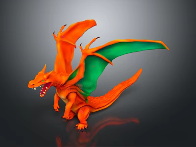 Game Movie Character Orange Mythical Dragon With Green Wings And Sharp Teeth 3d model