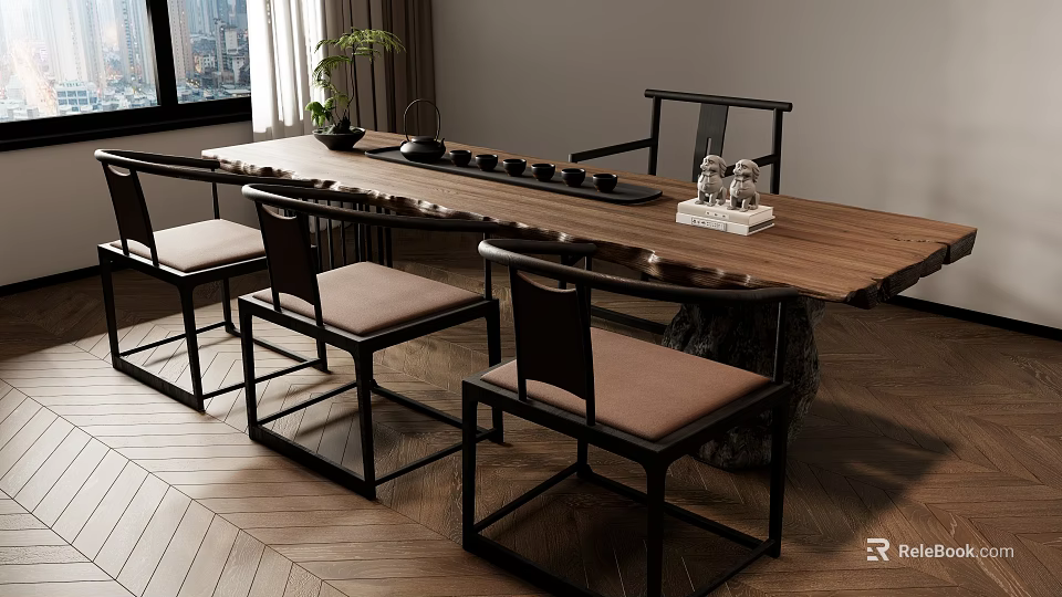 Traditional Chinese Wooden Tea Table With Chairs And Tea Sets Interior Design 3d model 