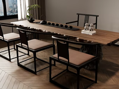 Traditional Chinese Wooden Tea Table With Chairs And Tea Sets Interior Design 3d model