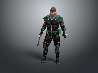 Male Game Movie Character In Green And Black Tactical Outfit With Beard And Gun 3d model