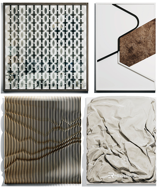 Modern Wall Decor Featuring Geometric Patterns Abstract Design Black Gold Stripes and Neutral Textured Surfaces 3d model 