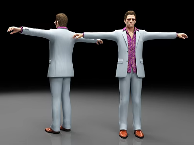 Men In White Suits Purple Patterned Shirts Orange Shoes Arms Outstretched Front Back Views 3d model