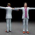 Men In White Suits Purple Patterned Shirts Orange Shoes Arms Outstretched Front Back Views