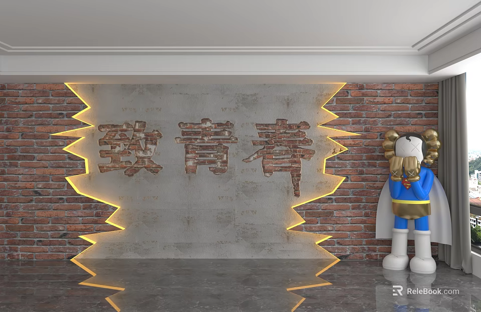 Youth Themed Brick Background Wall with Yellow Light Strips and Cartoon Figure 3d model 