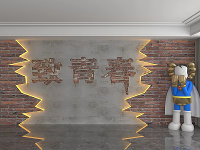 Youth Themed Brick Background Wall with Yellow Light Strips and Cartoon Figure 3d model