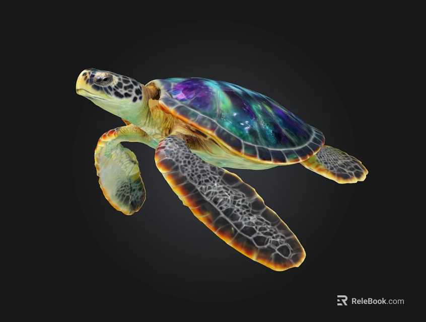 Colorful Sea Turtle With Purple Green Shell Yellow Edges And Spotted Skin Swimming 3d model 